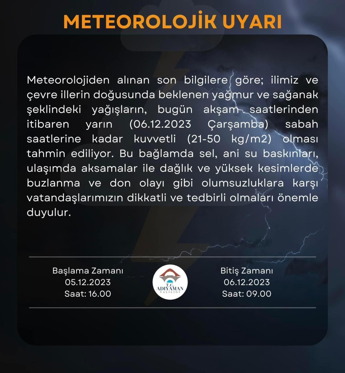 Adıyaman için meteorolojik uyarı yayınlandı