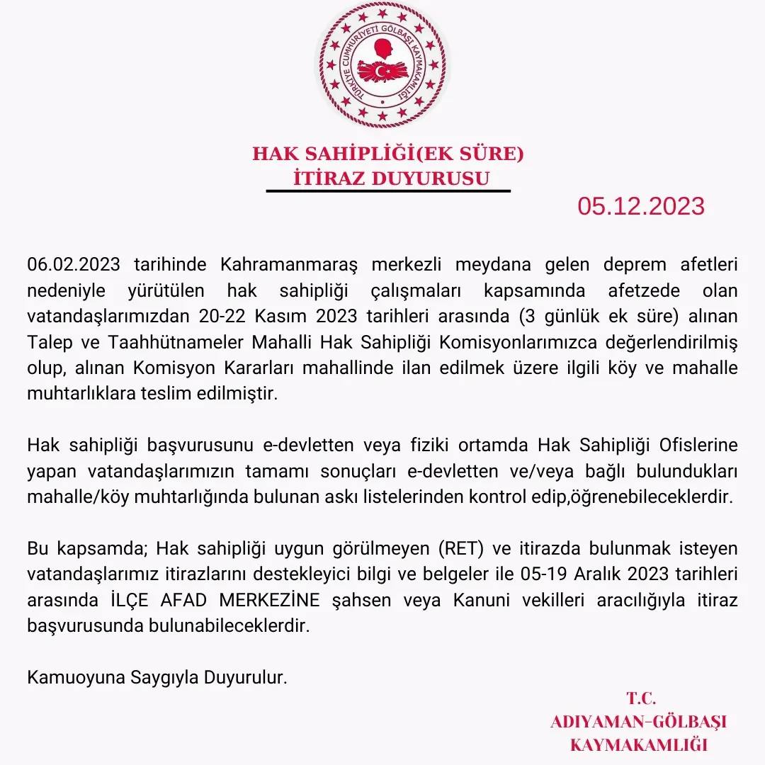 Kaymakamlıktan Hak Sahipliği (Ek Süre)İtiraz duyurusu