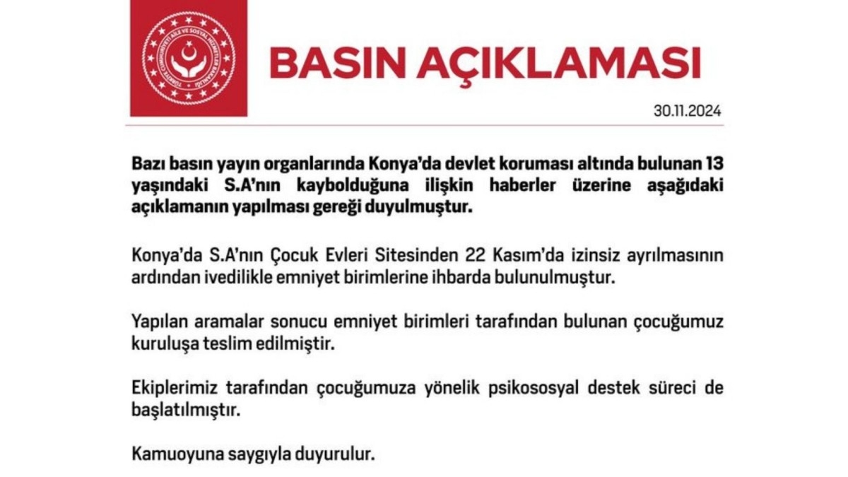 Aile ve Sosyal Hizmetler Bakanlığı’ndan kaybolan çocuk hakkında açıklama